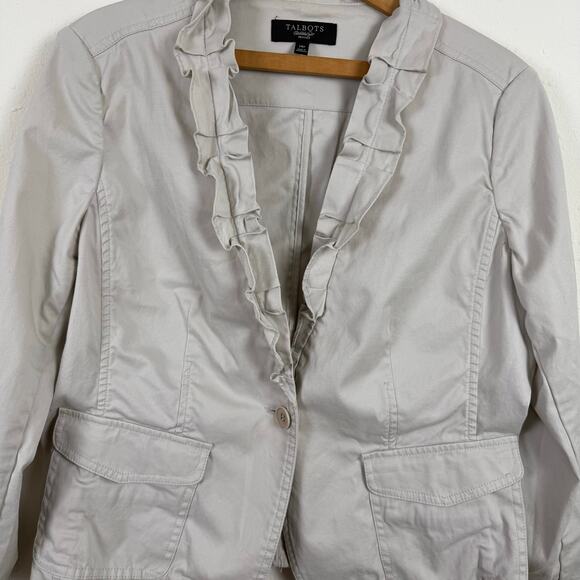 Talbots Women Khaki Jacket Blazer Size 14P Ruffle Preppy Office Business Work - Picture 2 of 6
